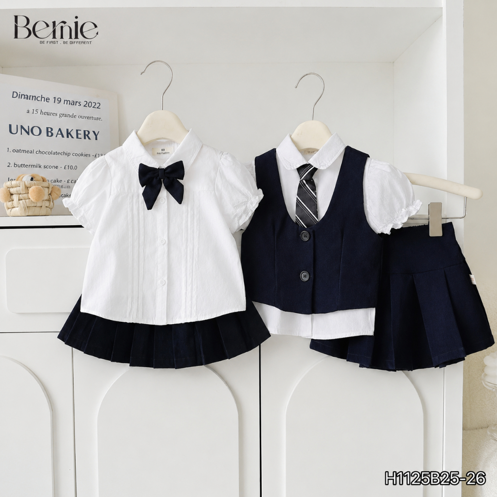 Set áo sơ mi trắng kèm chân váy xếp ly phong cách học sinh cho bé gái kèm cà vạt 1 đến 7t BERNIE