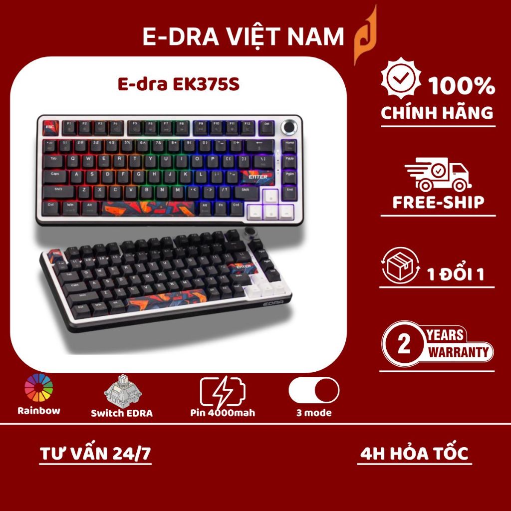 [RẺ VÔ ĐỊCH] Bàn phím cơ gaming E-DRA EK375S, EK368S, EK398S Núm vặn, 3 mode, EK375V2 có dây. BH chí