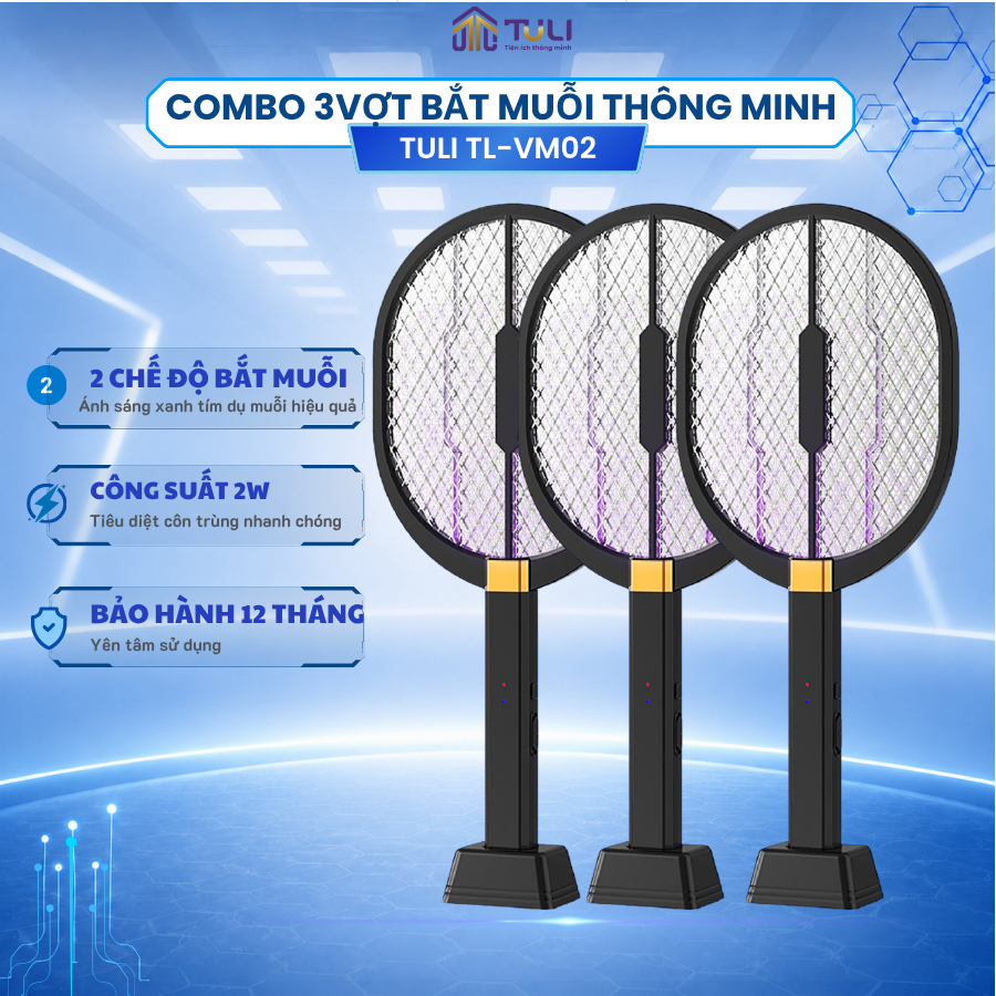 COMBO 3 Vợt muỗi TULI VM02, Dung lượng pin lớn, 2 Chế độ, Kiêm đèn bắt muỗi, Để bàn, BH 12 Tháng