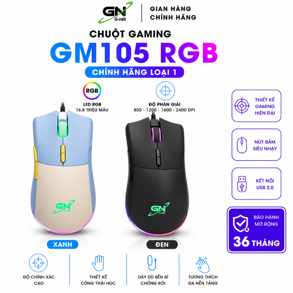 Thanh lý chuột gaming G-NET GM105 RGB cao cấp, chip 3327D, DPI 12400