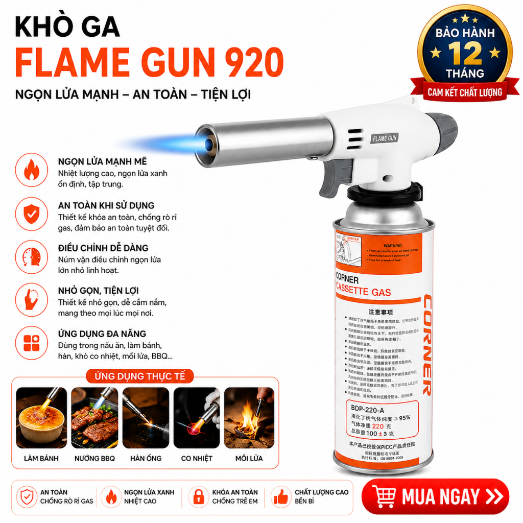 Khò Gas 920 Mini Flame Gun Tự Động Đánh Lửa, Khò Gas Chuyên Dụng - Núm điều Chỉnh Nhiệt 1400 độ C