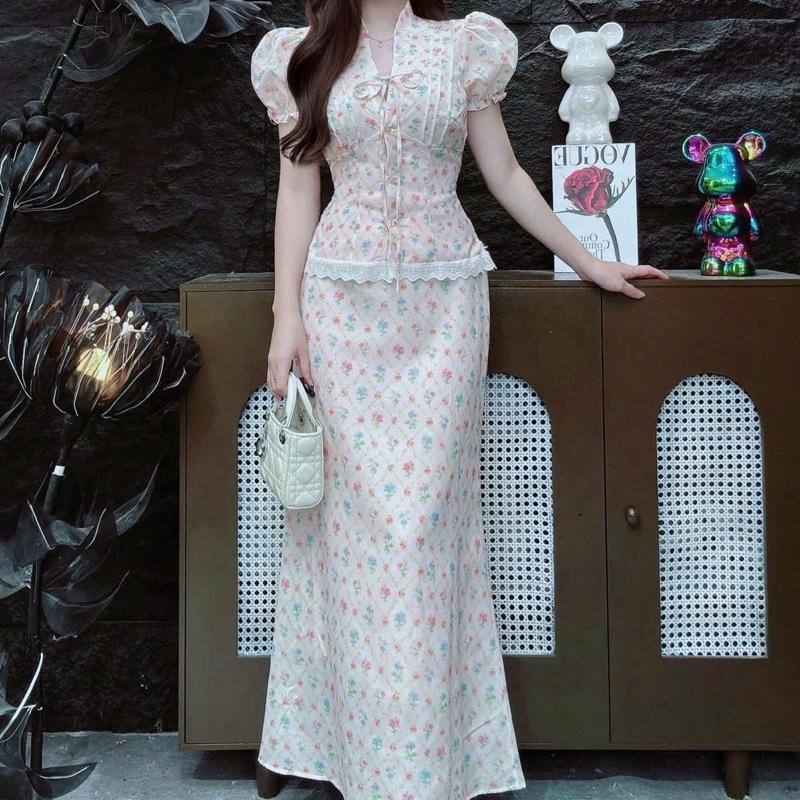 Set TK xô thêu hoa chấm bi A42 áo tay ngắn và chân váy đuôi cá dài (Freesize eo <73cm) - MITRUC | BigBuy360 - bigbuy360.vn