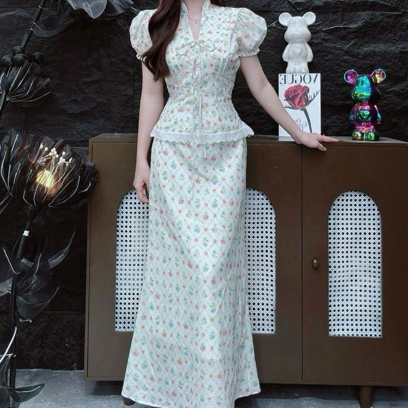 Set TK xô thêu hoa chấm bi A42 áo tay ngắn và chân váy đuôi cá dài (Freesize eo <73cm) - MITRUC | BigBuy360 - bigbuy360.vn