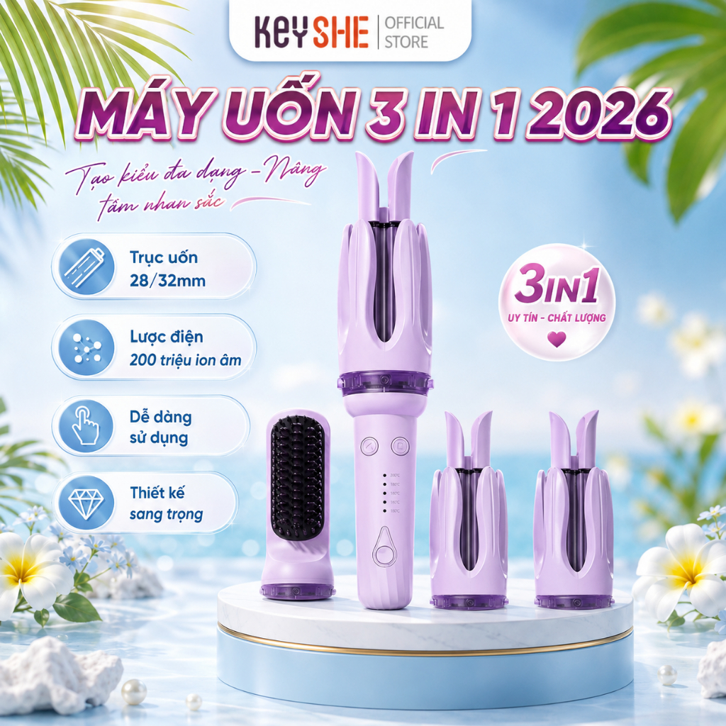 [HỎA TỐC HCM] Máy uốn duỗi tóc KEYSHE 3in1 làm nóng 30s, 3 đầu thay nhanh, chống bỏng an toàn chính 