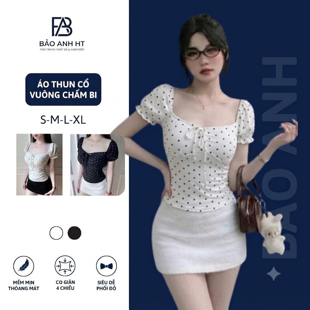 [25.7 GIẢM 20K] Áo Thun Baby Doll Cổ Vuông Chấm Bi Nhỏ Tay Phồng Áo Trễ Vai Form Ôm Co Giãn Xinh Xắn