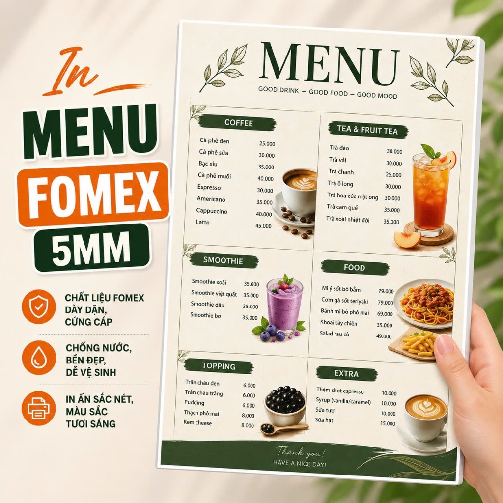 In Menu Fomex 5mm , Menu Quán Cafe Trà Sữa Nhà Hàng Spa Nail, Thiết Kế Theo Yêu Cầu