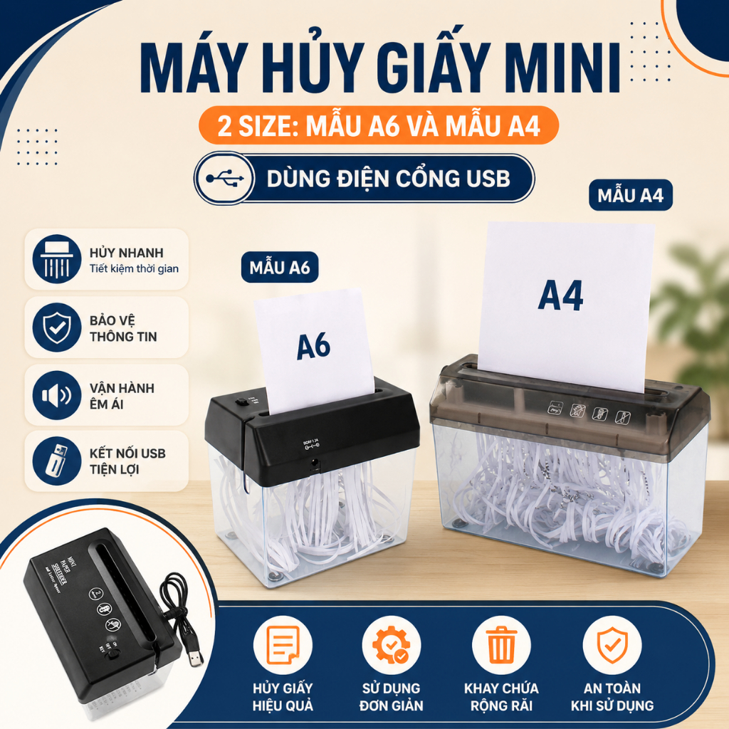 Máy hủy giấy, tài liệu, bill, ...  tự động nguồn USB-A5,A4. Hủy bill thanh toán của cửa hàng. Máy hủ