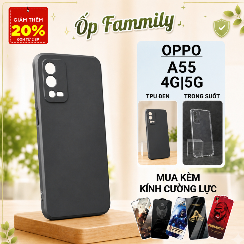 Ốp lưng Oppo A55 4G, A55 5G Ốp Family trơn màu đen | Ốp điện thoại Oppo dẻo bảo vệ camera đt toàn di