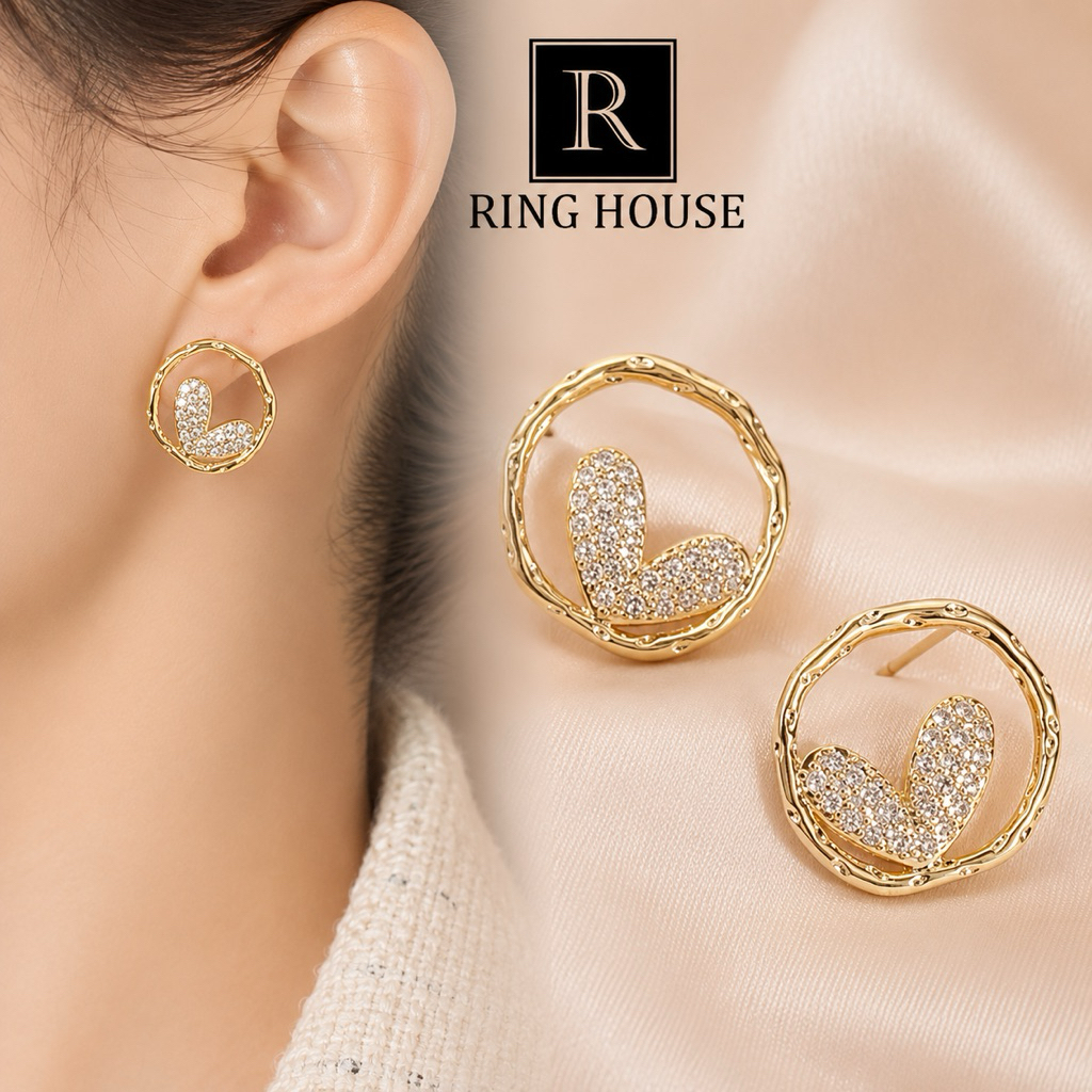 (Chuôi Bạc 925) E94 Khuyên tai bông tai nữ tròn trái tim đẹp Ring House