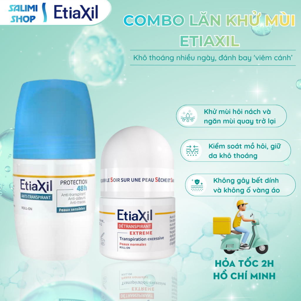 (Chính hãng) Combo Lăn Khử Mùi Etiaxil Bảo Vệ Kép 50ml và Lăn Khử Mùi Ngăn Mồ Hôi Etiaxil 15ml