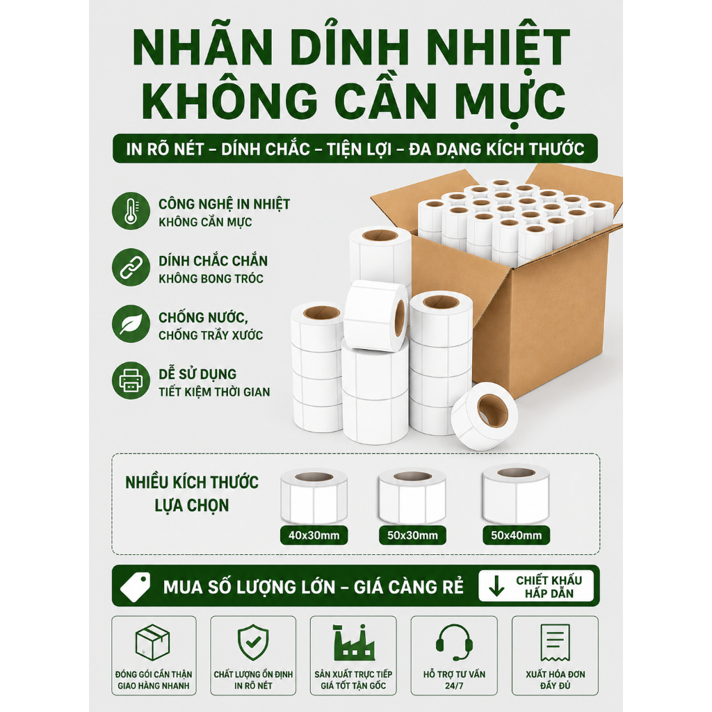 [5 CUỘN] TEM IN MÃ VẠCH CUỘN TRẮNG TỰ DÍNH - GIẤY DECAL NHIỆT IN TEM GIÁ,TEM KHO,TEM HÀNG HÓA