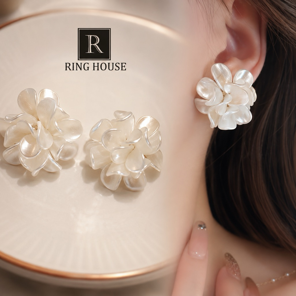 E322 Khuyên tai bông tai nữ cô dâu chúm trắng bạc đẹp dự tiệc
