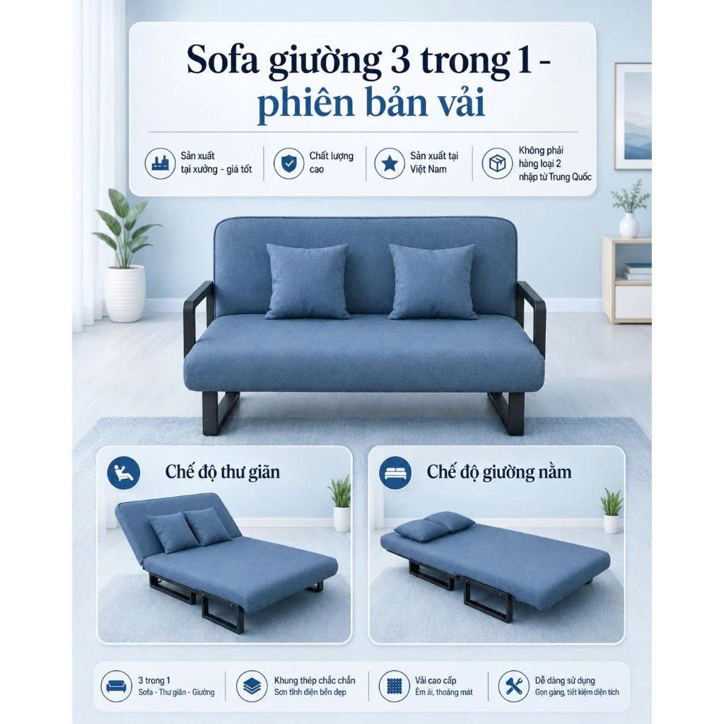 Ghế Sofa Giường Gấp Gọn Đôi Và Mở Ra Thành Giường SFB002, Chân Trụ Khung Thép Chắc Chắn