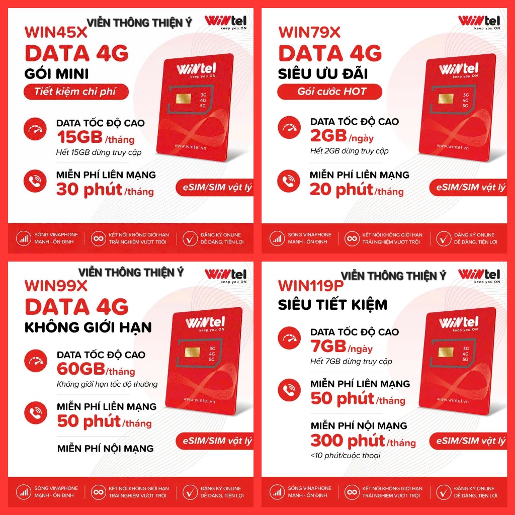 SIM WINTEL 4G/5G WIN99X WIN69X WIN45X WIN119P 210GB/THÁNG+50P NGOẠI MẠNG