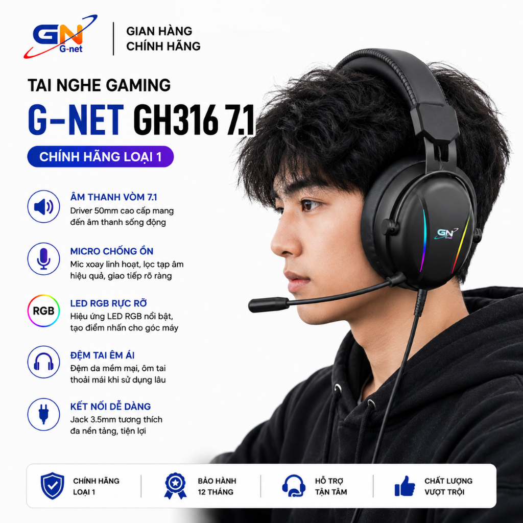 Thanh lý tai nghe G-NET GH316 7.1 RGB cao cấp, chính hãng loại 1