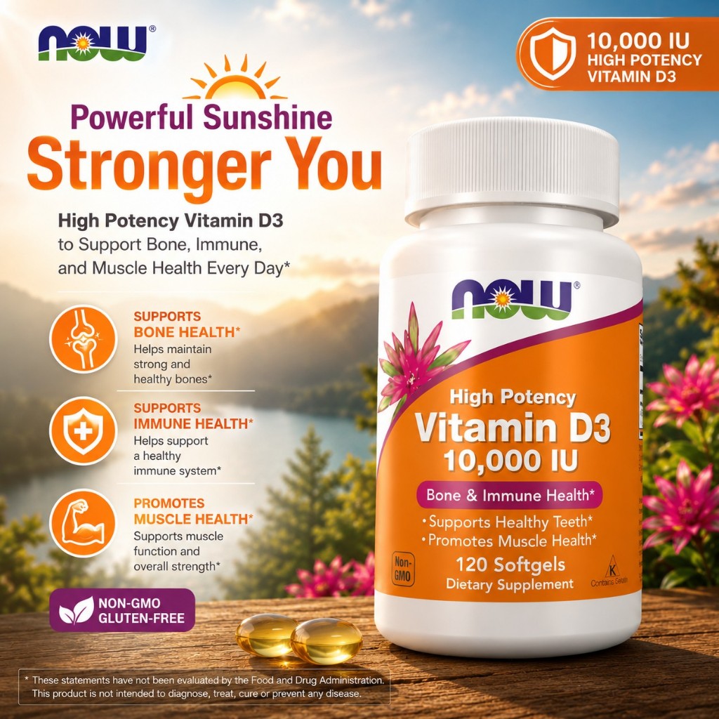 【Nhập khẩu chính hãng từ Mỹ】Viên uống Vitamin D3 Now 10000IU giúp xương chắc khỏe, tăng đề kháng