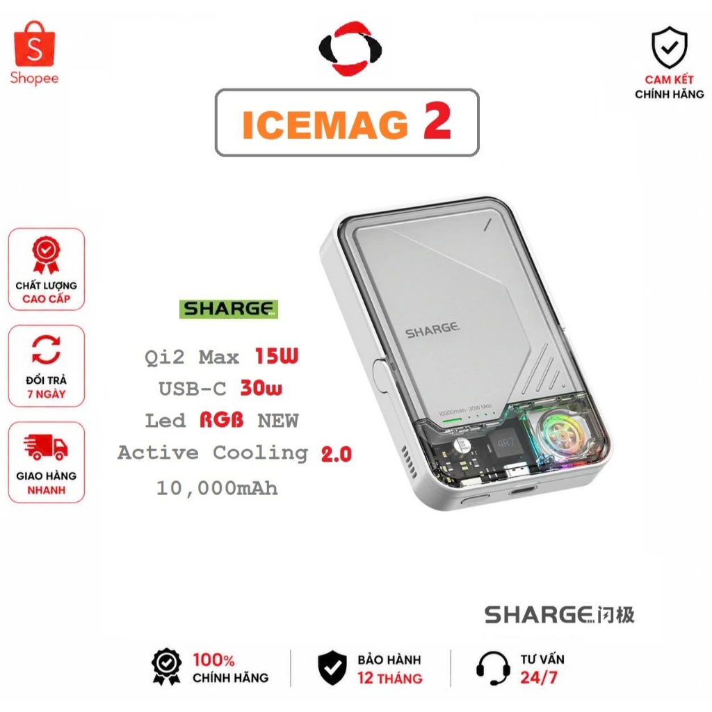 [ NEW 2026 ] Sharge ICEMAG 2 10000mAh Qi2 15W USB-C 30W Max | RGB Quạt tản nhiệt | Bản mới 2026 Cell