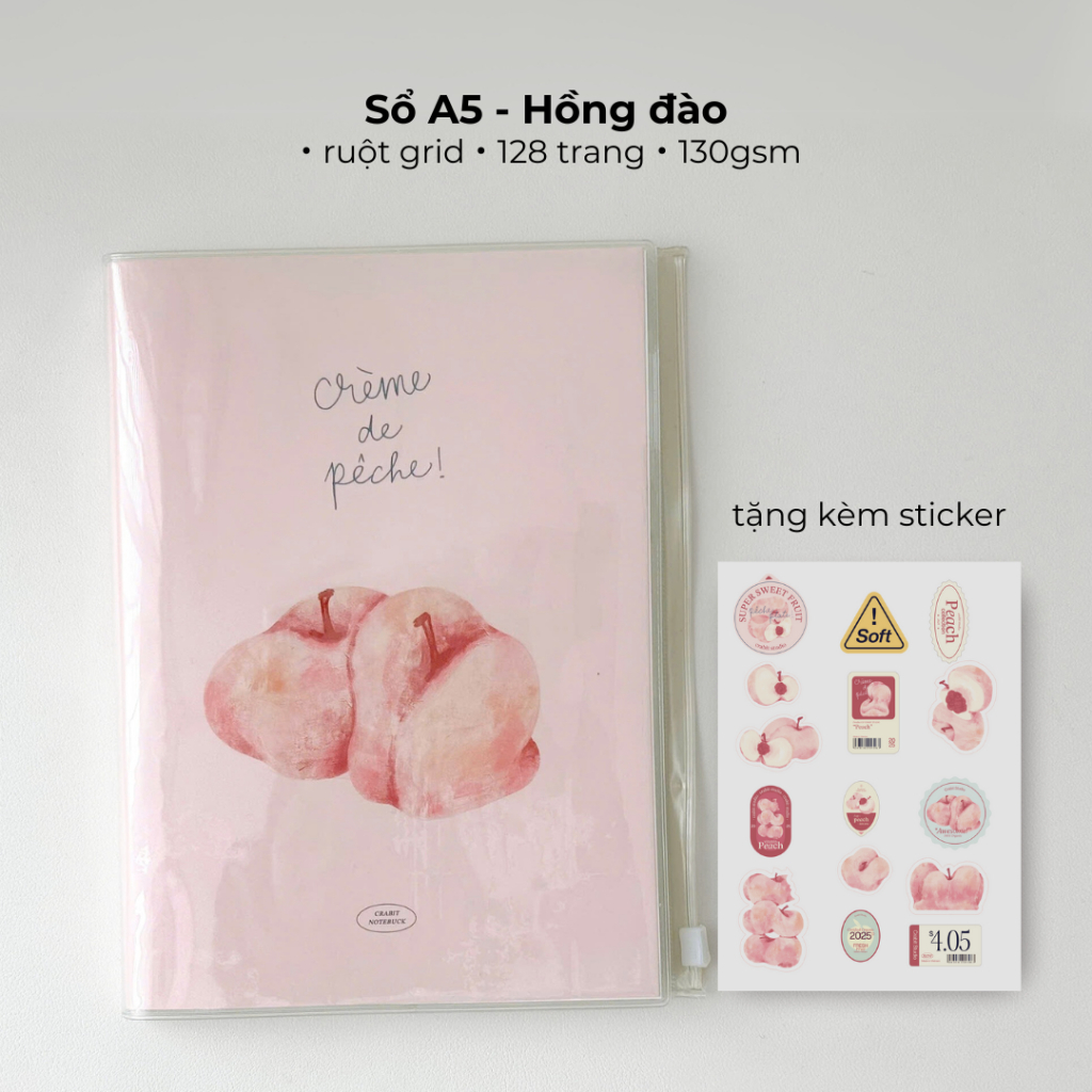 [TẶNG STICKER] Sổ tay A5 sổ đào bìa mềm Crabit ghi chép kẻ ngang dot grid tặng sticker Peach Pocket 