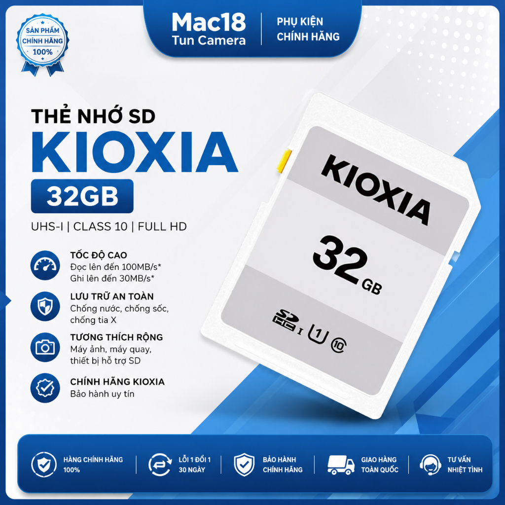 Thẻ Nhớ KIOXIA 32GB SDHC Chính Hãng | Thẻ Nhớ Máy Ảnh Bảo Hành 24 Tháng