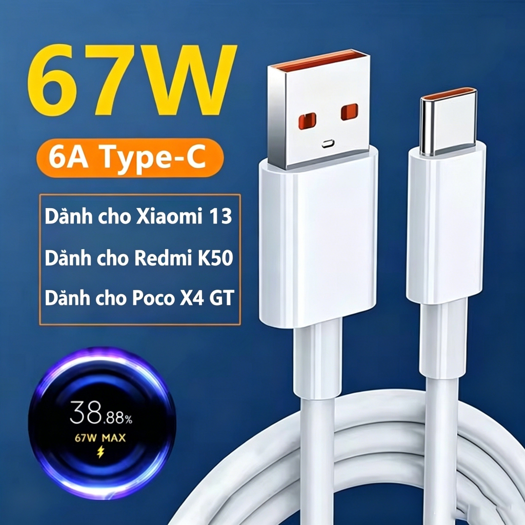 Tương thích với cáp sạc nhanh Xiaomi 67W 6A Turbo Type-C, tương thích với Xiaomi 15, 16, Redmi Note 