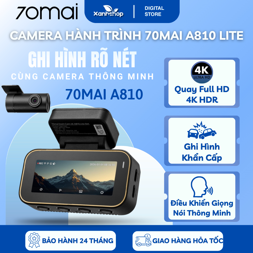 Camera Hành Trình 70mai A810 Lite 4K HDR Ghi Hình 2 Mắt Trước Sau Siêu Nét, Điều Khiển Giọng Nói, Gi