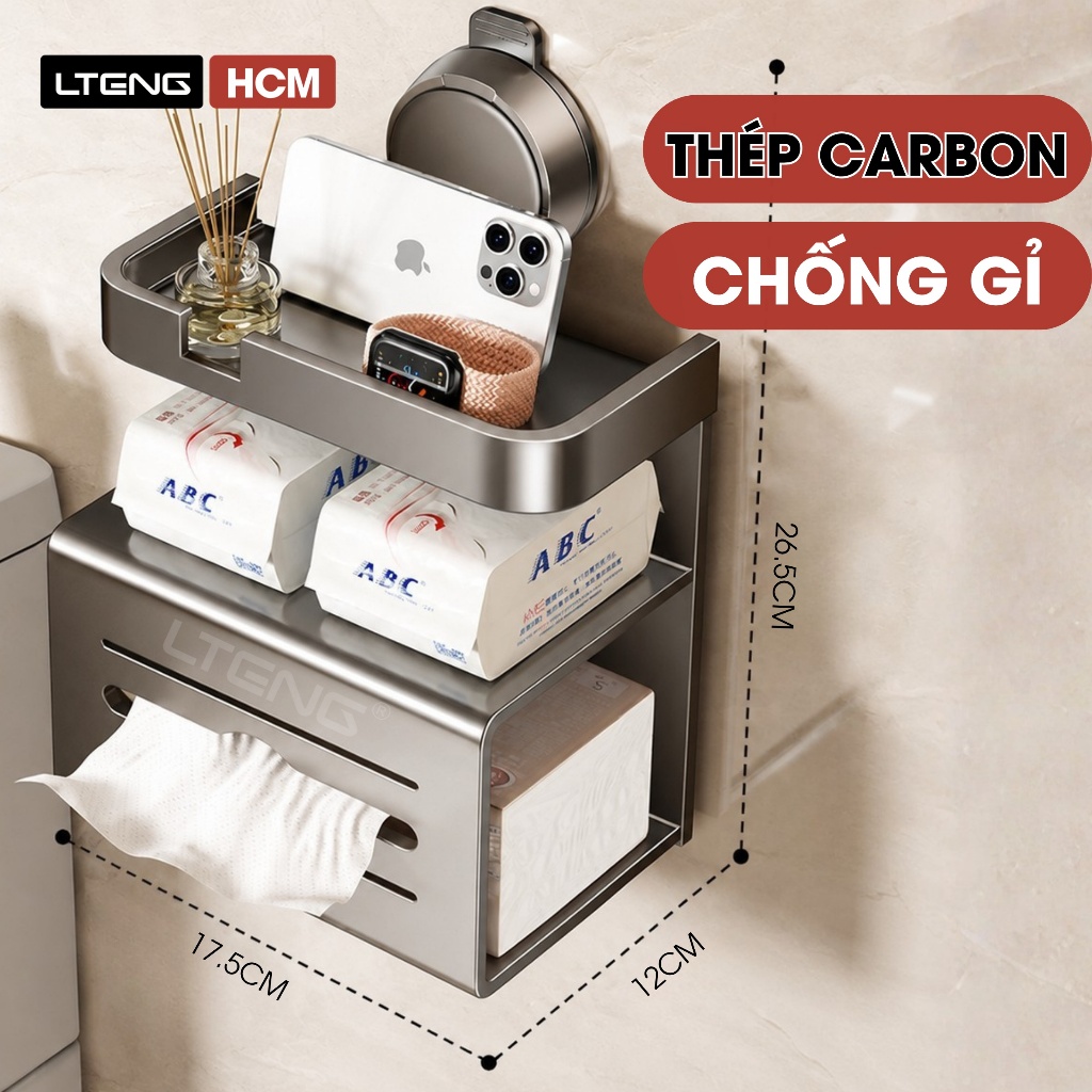 Kệ Để Giấy Vệ Sinh LTENG Hút Chân Không 2 Tầng Thép Carbon, Hộp Đựng Giấy Đa Năng Không Khoan Tường