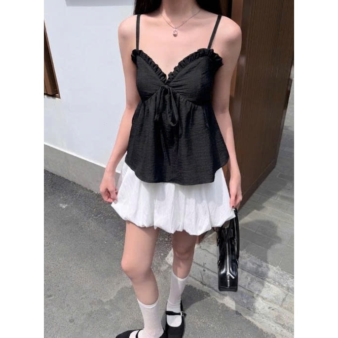 Áo Babydoll 2 Dây Cổ V Phối Nơ Họa Tiết Hoa Cúc Đục Lỗ MINHU CLOTHES Có Freesize và Bigsize [A02] | BigBuy360 - bigbuy360.vn