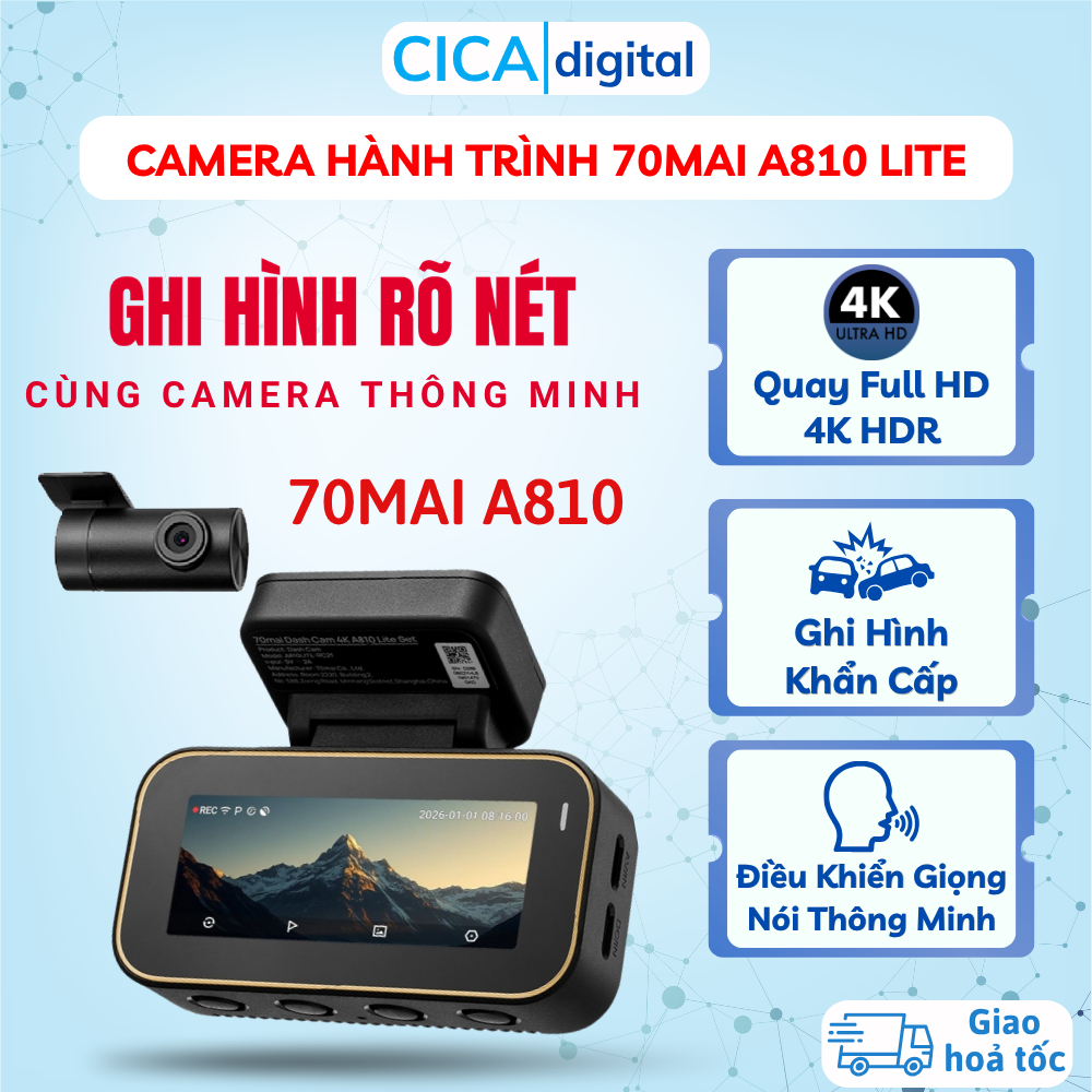 Camera Hành Trình 70mai A810 Lite 4K HDR Ghi Hình 2 Mắt Trước Sau Siêu Nét, Điều Khiển Giọng Nói, Gi