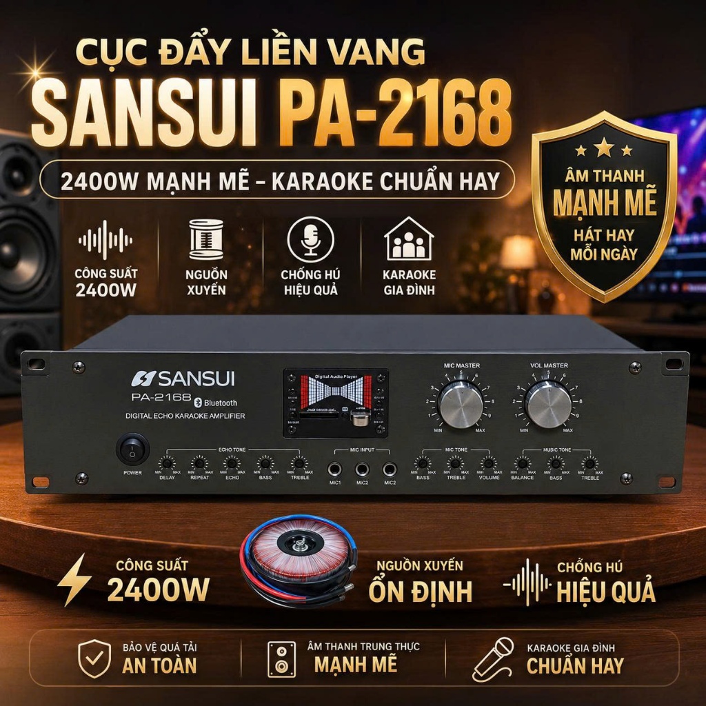 Cục Đẩy Liền Vang SANSUI PA-2168 2400W, Chống Hú, Bluetooth, Nguồn Xuyến Class H Kéo Loa Cực Khỏe