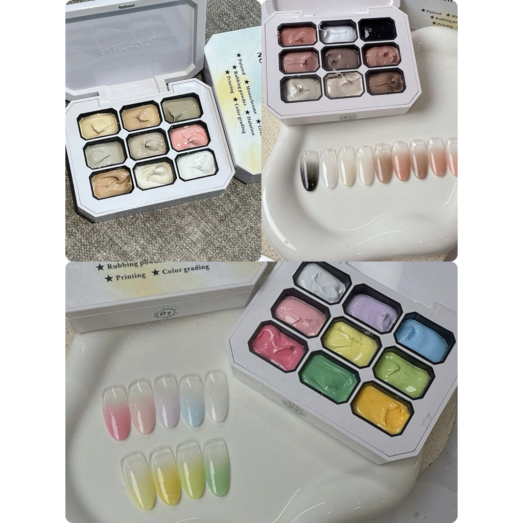 HUAXI Set gel dặm thạch cao - set gel dặm ombre nail 9 ô , khô luôn sau khi hơ đèn