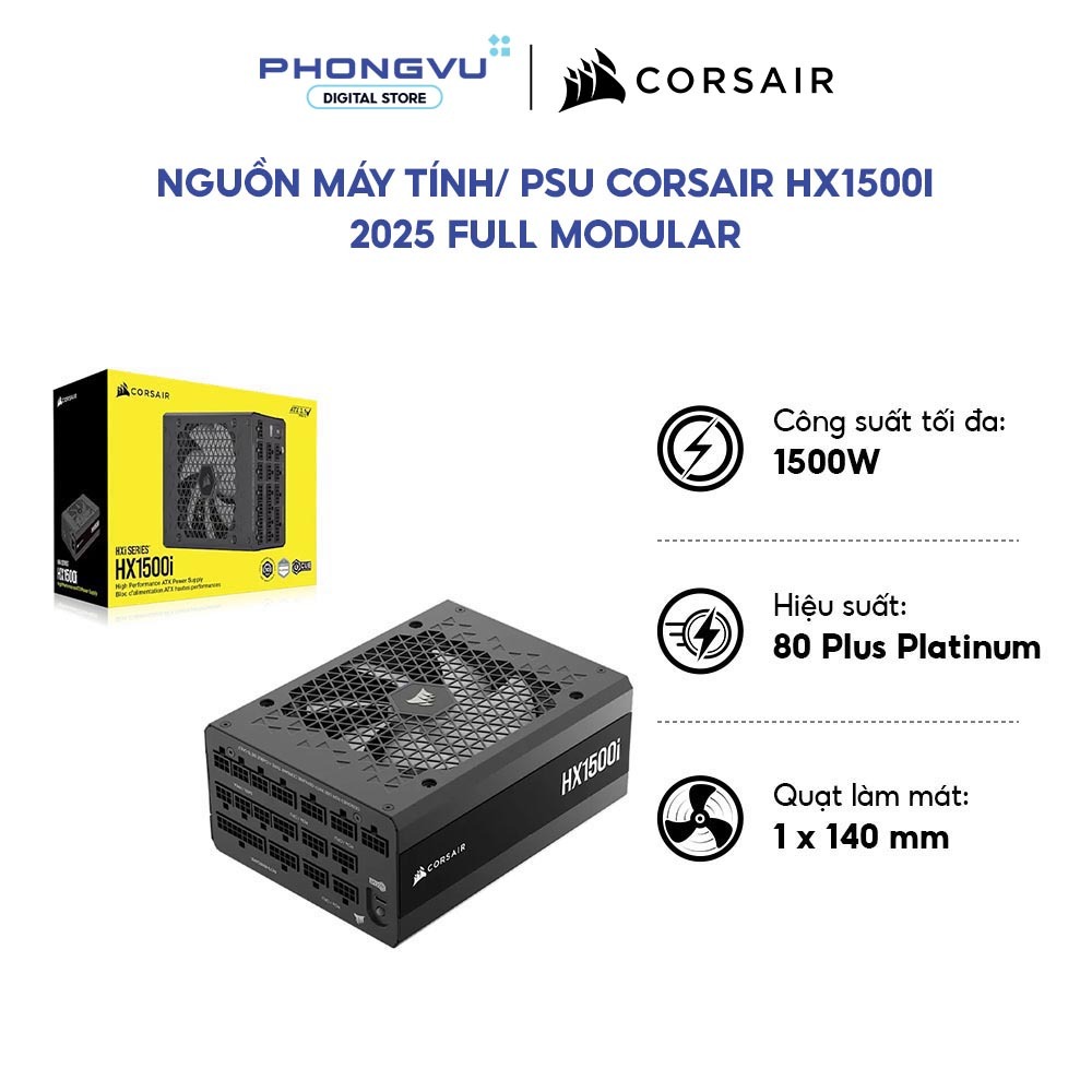 Nguồn máy tính Corsair HX1500i 2025 - 1500W - 80 Plus Platinum - Full Modular (CP-9020309-NA) -Bảo h