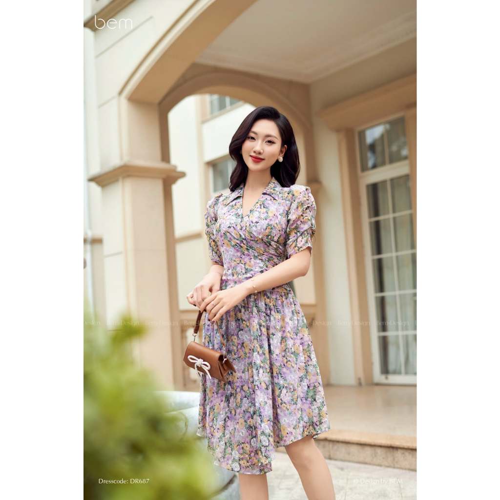 Váy Hoa Nhí Tím Cổ Dantong Nhún Eo BEM Design (DR687)