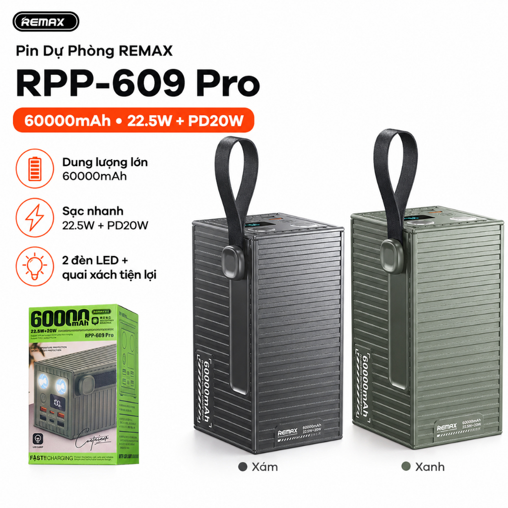Sạc Dự Phòng REMAX RPP-609Pro 60000mAh PD 20W, 5 Cổng Ra, Đèn LED