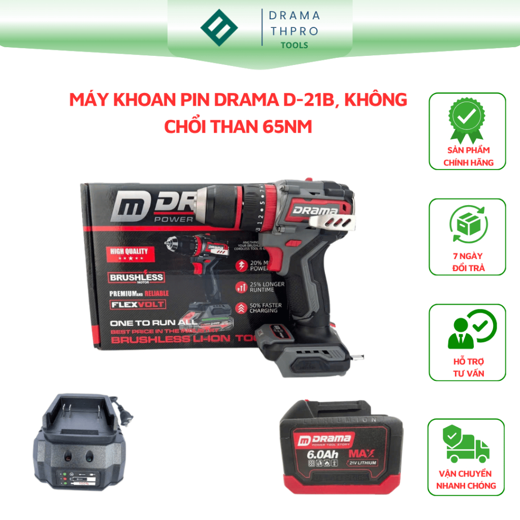 Máy Khoan Pin DRAMA D-21B, pin15cell Drama, Không chổi than 65Nm, 3 Chức năng 13mm, 23 Cấp trượt