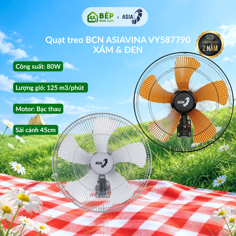 QUẠT TREO TƯỜNG ASIA VY587790 - CÔNG SUẤT 80W | XÁM & ĐEN | Loại motor: Bạc thau | Đường kính 45cm