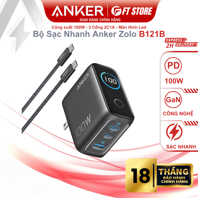 Bộ Sạc Nhanh Anker Zolo B121B 100W Nhỏ Gọn 3 Cổng 2C1A, Màn Hình Led, Tự Động Thích Ứng Thông Minh