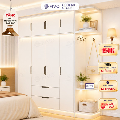 Tủ Đựng Quần Áo Gỗ Cao Cấp FC07 FIVO, Dày 17MM Cánh Mở Sâu 60cm Kèm Kệ Trang Trí, Freeship+Free lắp đặt, Trả Góp 0