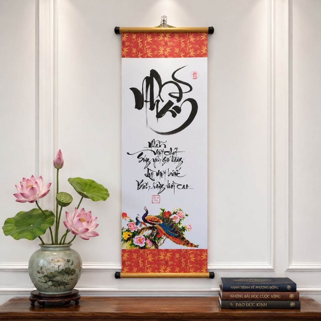 Tranh thư pháp chữ Nhẫn viết tay ý nghĩa (27x79cm)