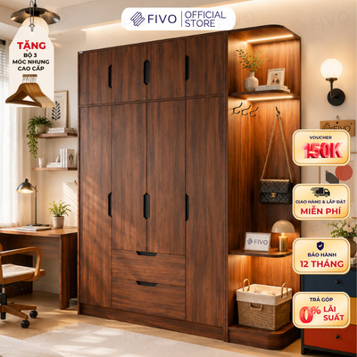 Tủ Đựng Quần Áo Gỗ Cao Cấp FC07 FIVO, Dày 17MM Cánh Mở Sâu 60cm Kèm Kệ Trang Trí, Freeship+Free lắp đặt, Trả Góp 0%