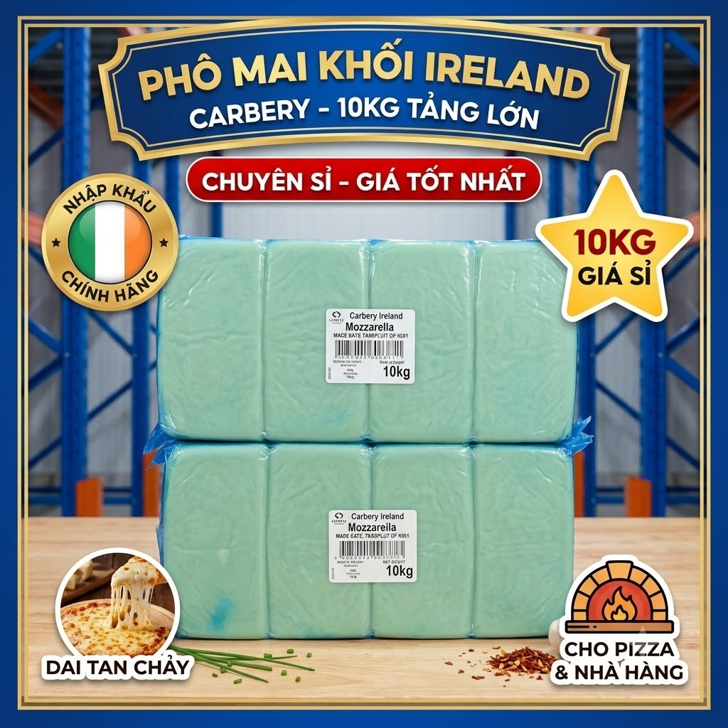 [Giá Sỉ] Phô Mai Mozzarella Ireland Tảng Lớn 10kg - Chảy mềm, kéo sợi tốt, vàng, thơm Phomai cheese 