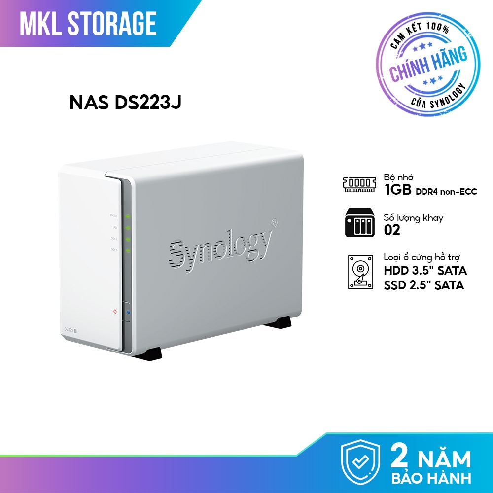 Thiết Bị Lưu Trữ NAS Synology DiskStation DS223j 2-bay, Memory 1 GB DDR4, Bảo hành 2 năm - Hàng Chín