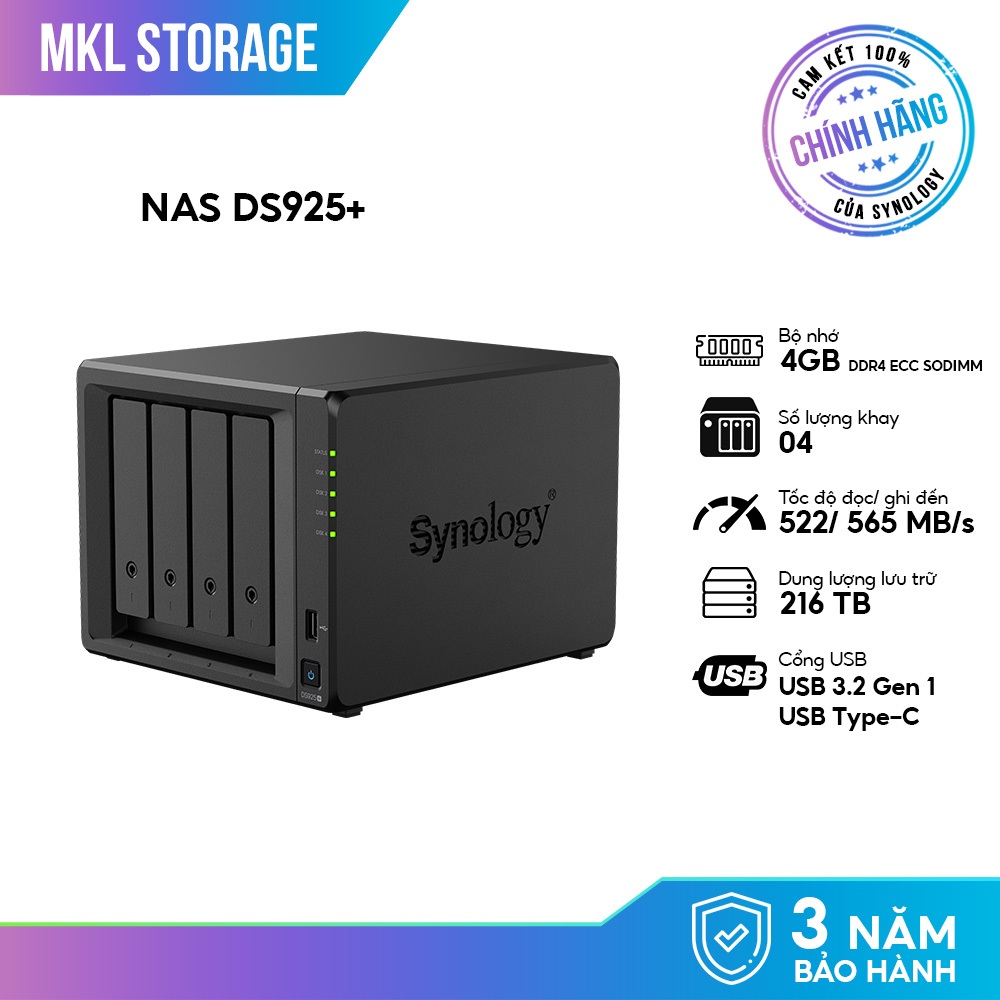 Thiết bị lưu trữ Synology DiskStation DS925+ 4 BAY (chưa gồm ổ cứng) chính hãng bảo hành 3 năm