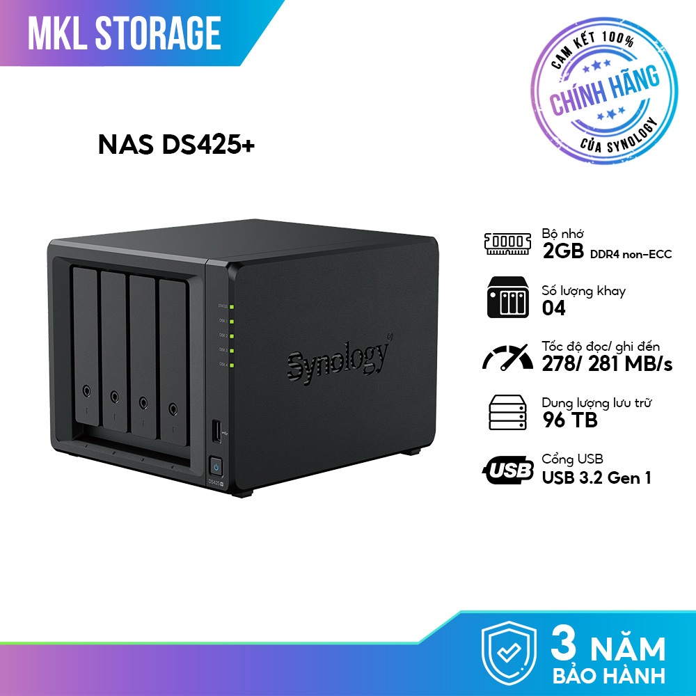 Thiết bị lưu trữ Synology DiskStation DS425+ 4 BAY (Chưa có ổ cứng) chính hãng bảo hành 3 năm