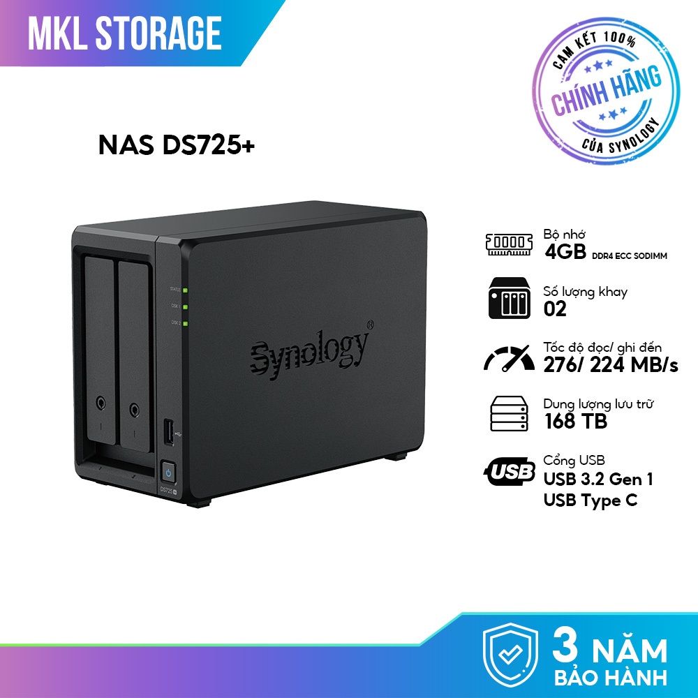 Thiết bị lưu trữ Synology DiskStation DS725+ 2 BAY (Chưa có ổ cứng) chính hãng bảo hành 3 năm