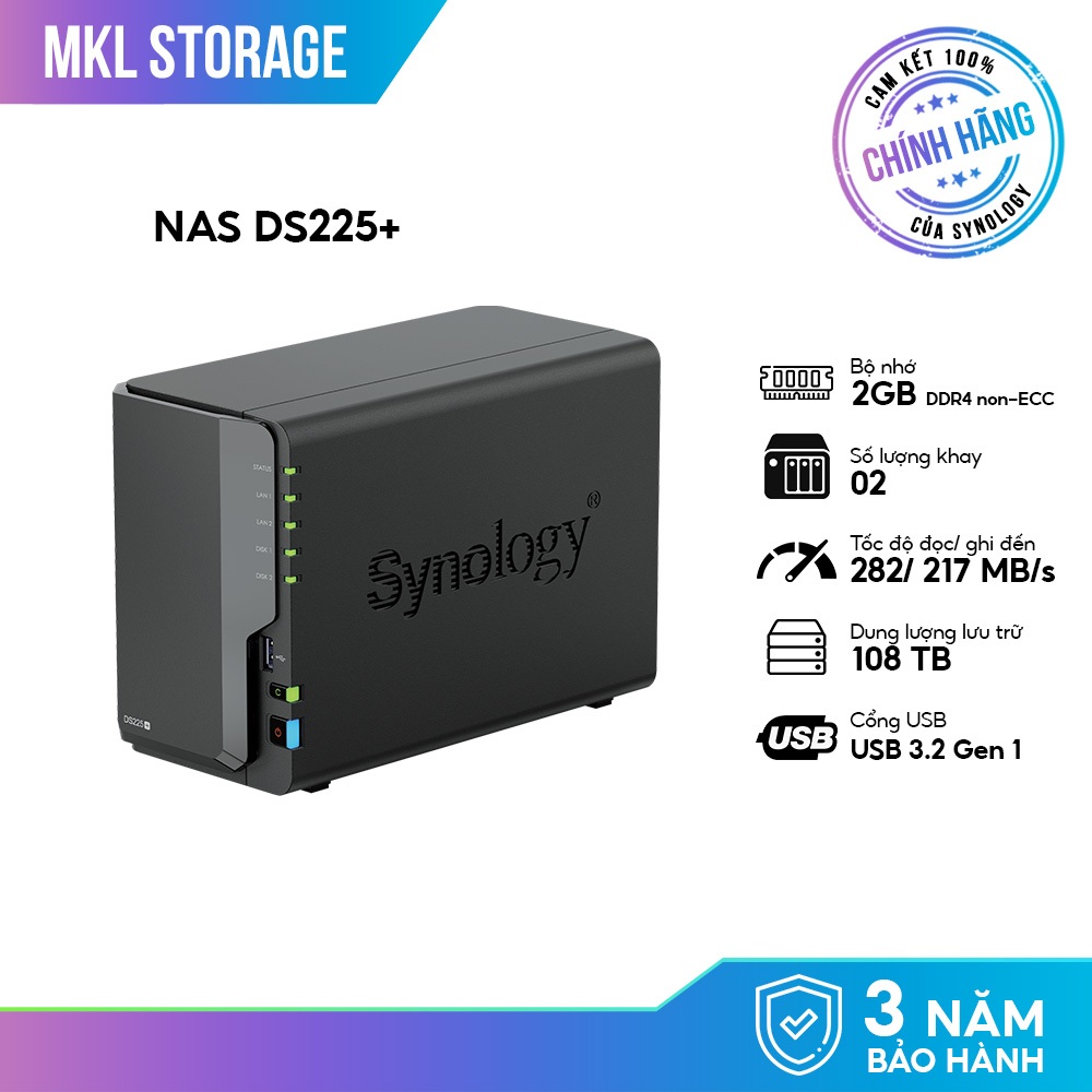 Thiết bị lưu trữ Synology DiskStation DS225+ 2 BAY (chưa gồm ổ cứng) chính hãng bảo hành 3 năm