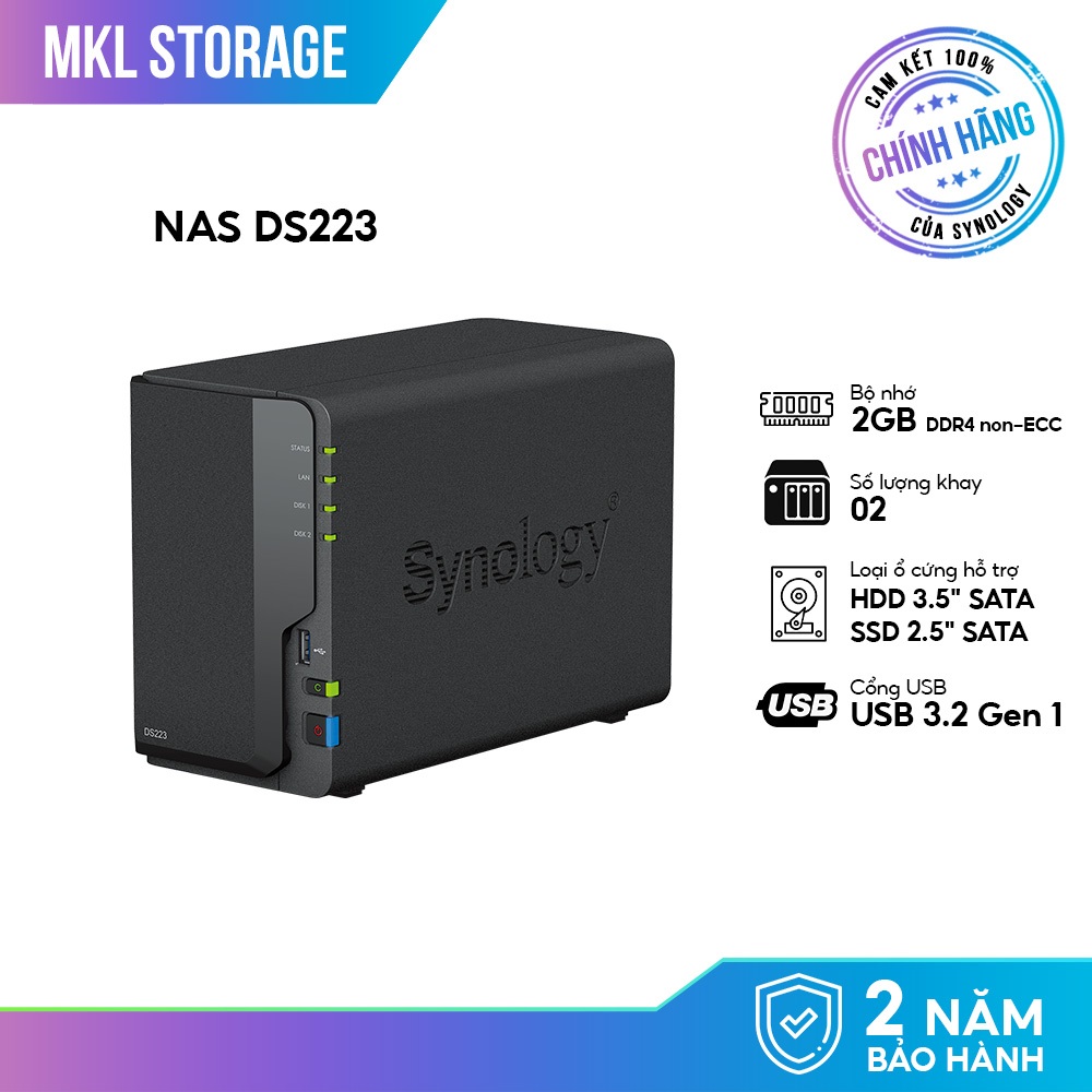 Thiết bị lưu trữ NAS Synology DS223 2 BAY (chưa có ổ cứng) - Hàng chính hãng BH 2 NĂM