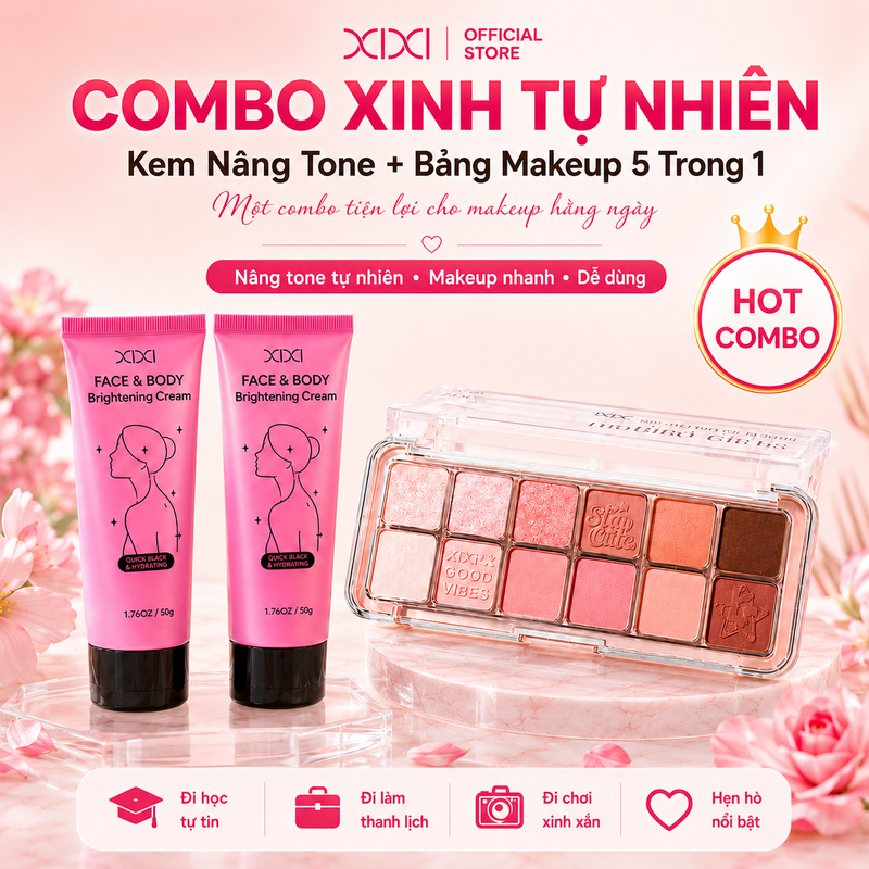 XIXI Combo Kem Nâng Tone Face Body 70g + Bảng Makeup 5 Trong 1 Phấn Mắt Má Hồng Highlight Tạo Khối
