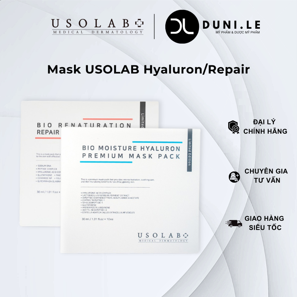 Mặt nạ USOLAB Bio Renaturation Repair vs BIO MOISTURE HYALURON PREMIUM 1 hộp 10 miếng | Duni Le Cosm