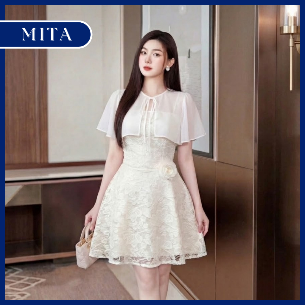 Đầm Ren Dự Tiệc Dáng Xòe Hai Dây Kèm Khăn Choàng Sang Trọng-F81