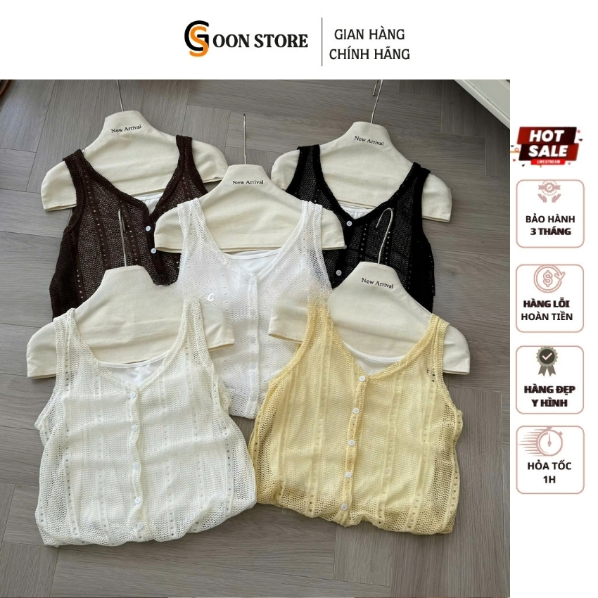 Áo Gile Len Móc Nữ Sát Nách Cổ V Cài Cúc Dáng Croptop Phối Lưới Vintage Goonstore